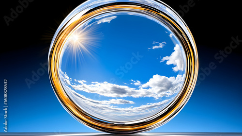 Floating glass tube surrounded by clouds sky abstract dreamy environment aerial view