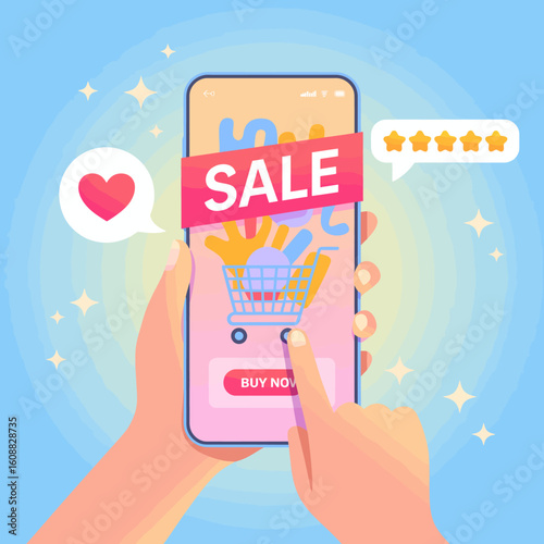 This image features a hand interacting with a smartphone shopping app showcasing a vibrant sale banner, symbolizing the excitement of modern commerce and consumer behavior.