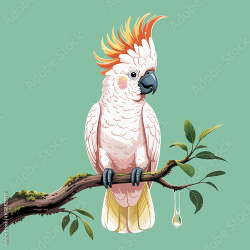 A charming illustration of a cockatoo showcasing its unique and vibrant coloring perched on a branch, offering a delightful representation of nature's creativity and diversity.