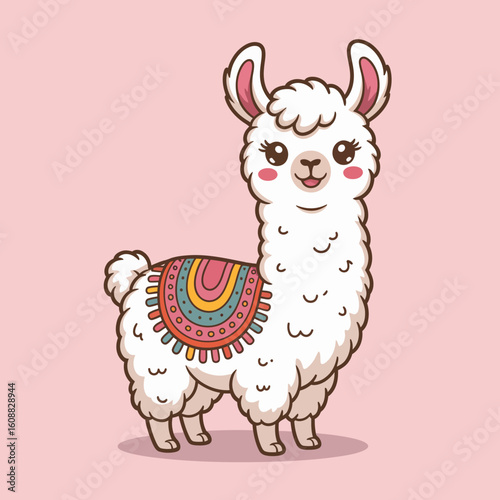 This adorable cartoon llama features a vibrant saddle with decorative elements, set against a playful pink background that enhances its charm and appeal.