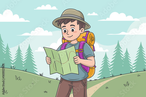 A young adventurer is joyfully examining a map while standing in a scenic outdoor area, with green hills and pine trees creating a picturesque hiking backdrop.
