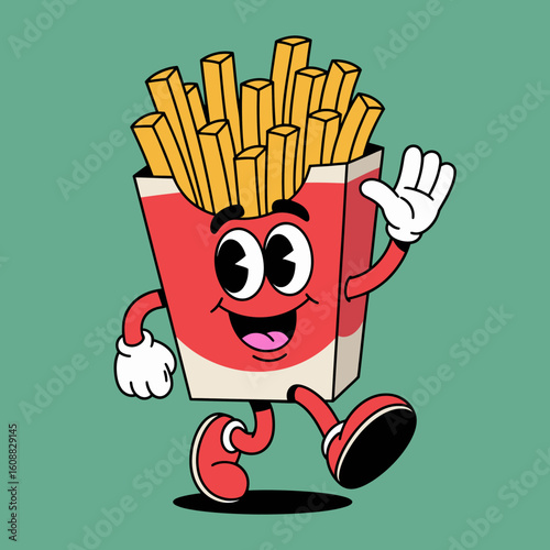 This lively image features a cartoon representation of French fries merrily moving, characterized by a big smile and bright colors, producing a sense of joy and playfulness.