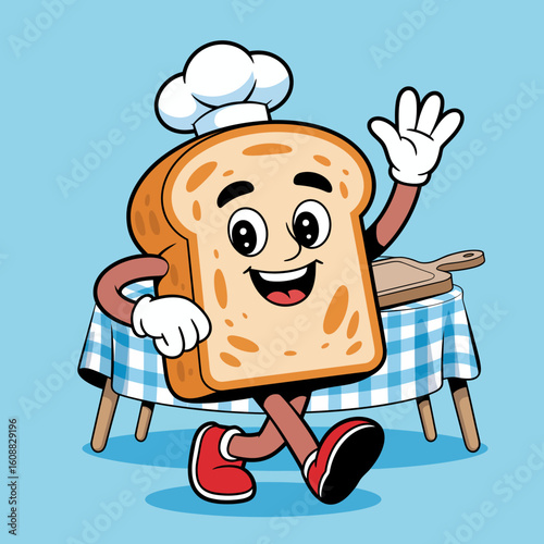 A joyful slice of bread cheerfully waving while standing by a checkered tablecloth, expressing warmth, friendliness, and a love for gathering around the table.