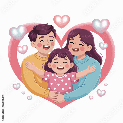 An animated family of three cheerfully smiling and enjoying each other's company, framed by a heart, symbolizing love and family bonds in a colorful and whimsical design.