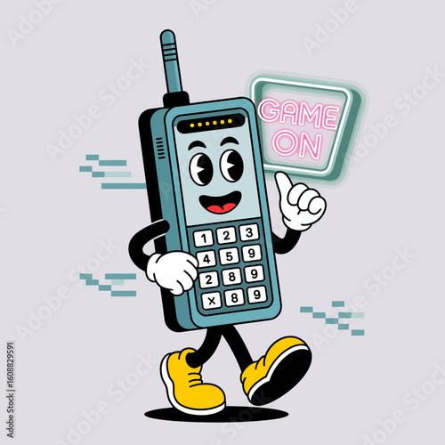 This dynamic illustration portrays a friendly mobile phone character ready to play, signaling excitement and engagement with a vibrant 'Game On' light background.