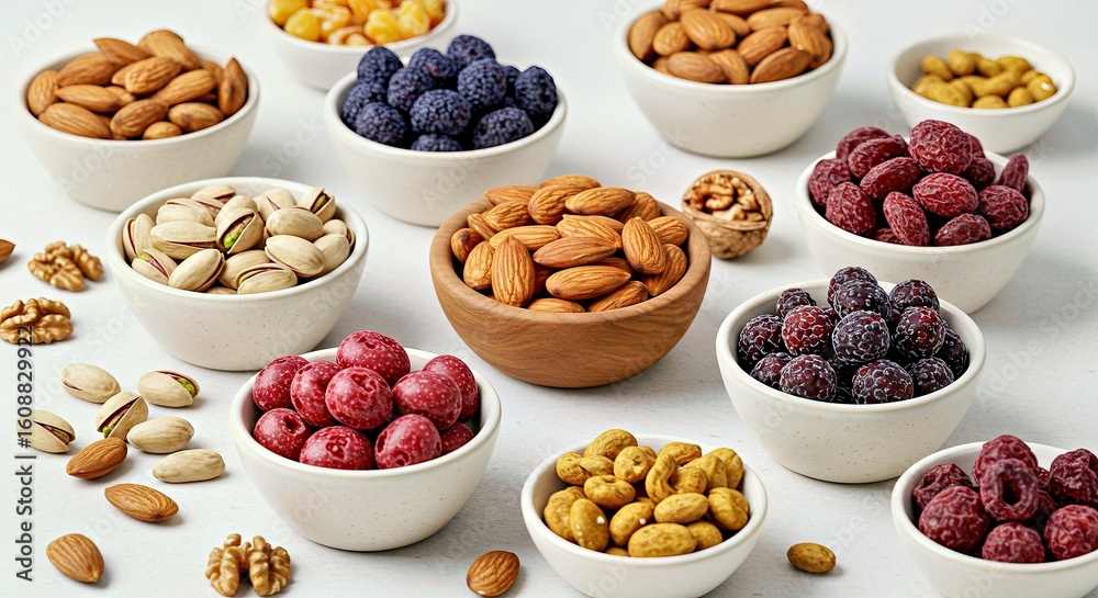 Healthy Roasted Nuts Dried Berries in Small Bowls Snack Healthy Roasted Nuts Dried Berries in Small Bowls Snack
