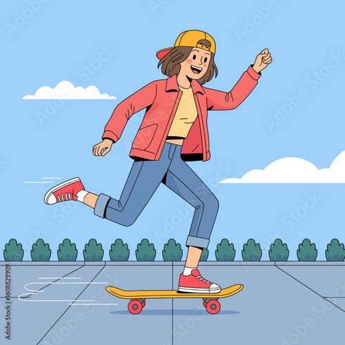 An energetic girl effortlessly skateboards across a pavement, showcasing her skills and playful spirit with style, surrounded by a bright sky and green landscaping.