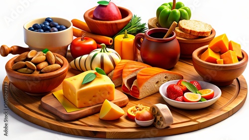 Colorful and inviting spread of fresh fruits, cheeses, nuts, and snacks on a wooden platter during a cozy gathering