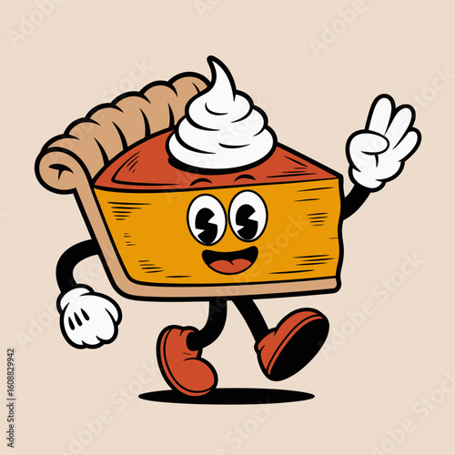 This vibrant cartoon image showcases a cheerful slice of pie, enjoying its journey with an engaging pose, ideal for autumn themed merchandising or marketing.