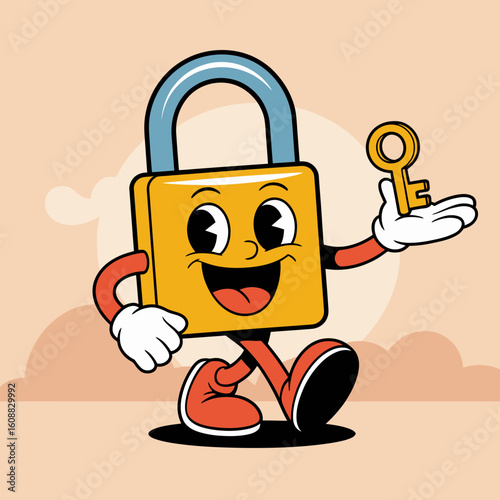 A vibrant cartoon lock character energetically raises a key, emphasizing safety and security in a lively and engaging manner, showcasing a friendly artistic style.