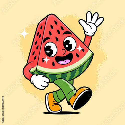 This image features a playful watermelon character embodying joy and fun, waving with a big smile, showcasing vibrant colors that evoke happiness and lightheartedness.