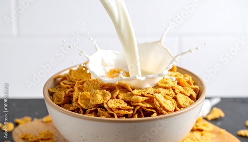 Milk pouring into a bowl of cornflakes, creating a splash (1)