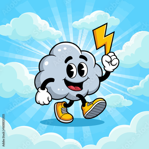 A joyful cloud character exudes happiness as it holds a lightning bolt, creating a lively scene that captures the imagination and resonates with playful weather concepts.