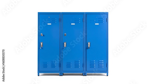 Three blue metal lockers stand side-by-side against a white background