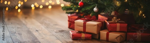 Pile of wrapped presents under a Christmas tree