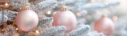 Close-up of pink Christmas ornaments on a snowy Christmas tree.