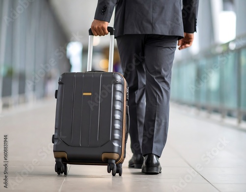 Executive traveler rolling suitcase through modern airport terminal representing business travel