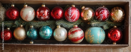 Assortment of vintage Christmas ornaments in a wooden box.