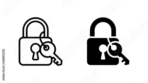 Padlock and Key Icon Set: Outline and Solid Styles, Security Concept, Digital Access, Simple Design, Vector Illustration.