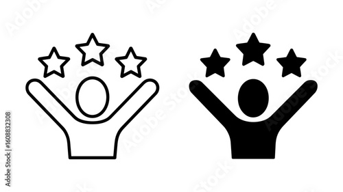 Person celebrating success, achievement, five stars, line art, solid icon, positive, joyful, upbeat, vector illustration.
