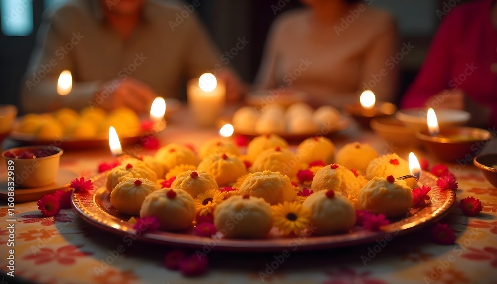 Obraz premium Diwali celebration with decorative rangoli and lit diyas, highlighting the joy of the Festival of Lights