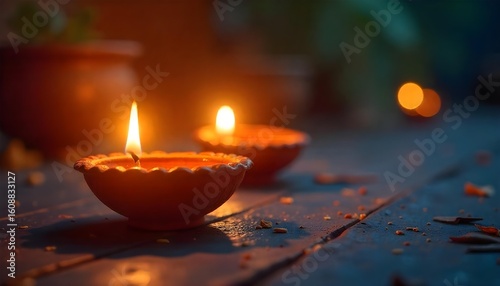 A vibrant rangoli design and lit diyas symbolize Diwali, the Festival of Lights, celebrated with joy in India