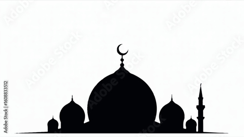Minimalist black and white silhouette illustration of a mosque with clean lines
