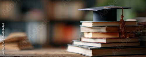 A graduation cap rests atop a stack of well-worn books, symbolizing academic achievement and the pursuit of knowledge in a scholarly setting.