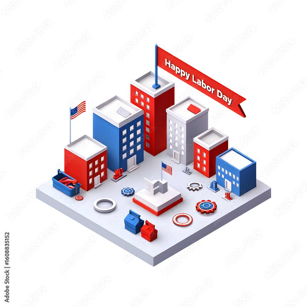 Fototapeta premium Festive American city celebrating labor day with red white and blue buildings and industrial elements