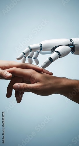 Robot hand touches a human hand against a light blue gradient background.