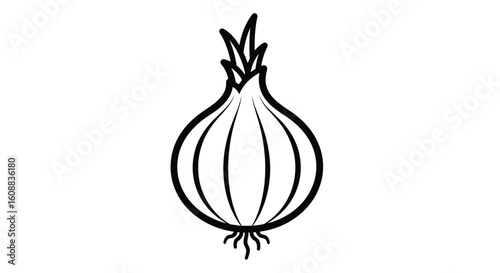 A simple line drawing of a fresh onion with roots and leafy greens on top in black and white illustration
