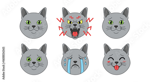 A collection of adorable pixel art gray cat expressions showing various emotions such as joy sadness anger and surprise