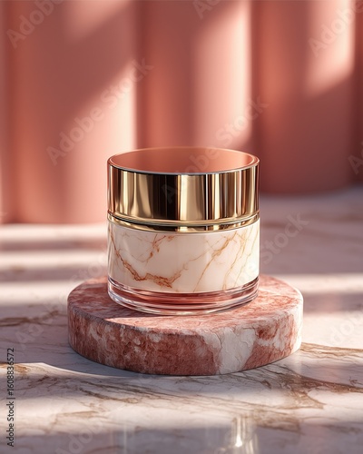 luxury cosmetic jar with marble texture, luxury cosmetic jar on pink background, elegant skincare packaging with luxury cosmetic jar 