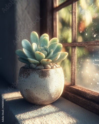 succulent plant in ceramic pot by window, succulent plant natural light window, succulent plant indoor decor by window