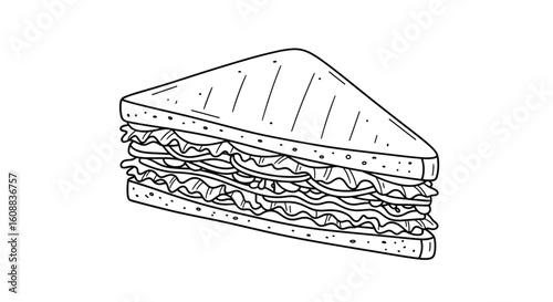 Delightful stacked sandwich creation with freshly prepared ingredients between sliced bread pieces