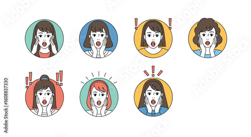 A collection of diverse emotive female facial expressions displayed in circular pixelated art styles