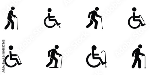 Set of Stick Figures Depicting Elderly and Disabled People Using Wheelchairs and Walking Canes for Support