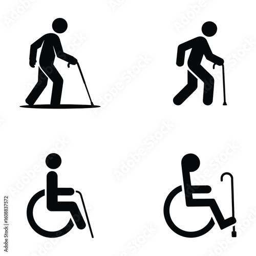 Set of Pictograms Representing Elderly People with Mobility Issues Including Walking with Canes and Using Wheelchairs for Assistance