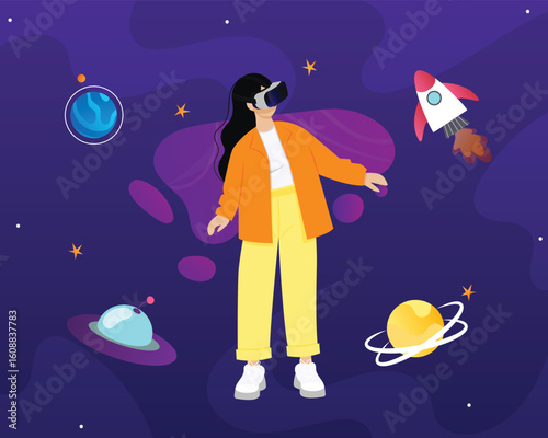 Vr education in metaverse augmented reality concept. Contemporary girl in glasses connected to virtual reality. Character immersion into cyberspace digital platform. Cartoon vector illustration