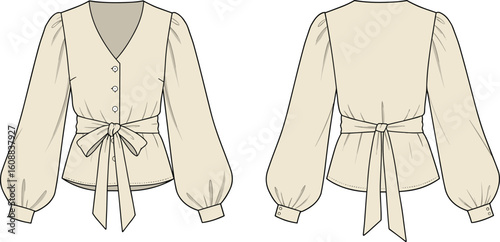 Elegant Women's Wrap Blouse with Voluminous Sleeves & Tie Waist CAD Drawing Vector Fashion Illustration - Apparel Design Template