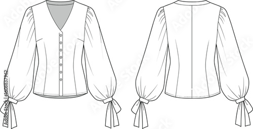 Women's Fashion Blouse with Voluminous Sleeves & Tie Cuffs CAD Drawing Vector Illustration - Apparel Design Template Front Back View