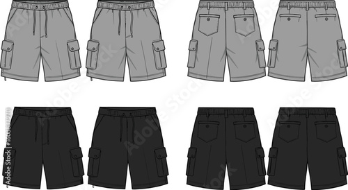 Men's Cargo Shorts with Drawstring Waist & Pockets CAD Drawing Vector Illustration - Apparel Design Template Front Back View
