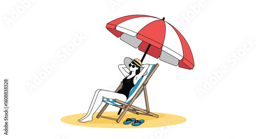 Relaxing woman enjoying a summer day under a beach umbrella on a sandy shore