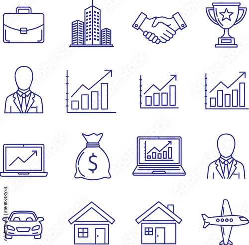 Business and Finance Icon Set, Corporate Success Line Art Symbols