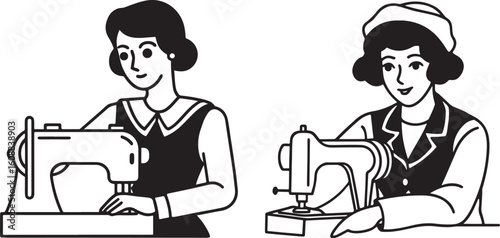A stylized, black and white illustration of a woman operating a vintage sewing machine.