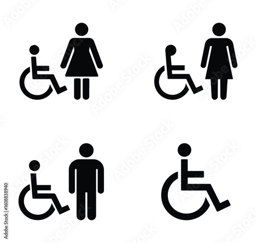 Black and White Set of Restroom Signage Icons for People with Disabilities and Gender Neutral Options