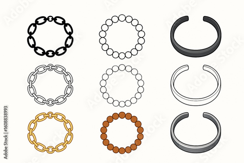 Hand-drawn illustration of six bracelets, including two black chain designs, one outlined pearl bracelet, one orange bead bracelet, and two open cuff bracelets in gray and white, on a white background