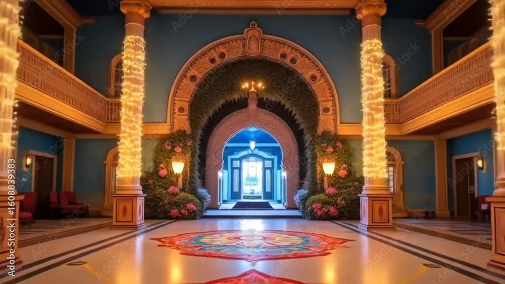 An intricately designed Navaratri pandal with traditional motifs, vibrant colors, and elegant lighting, creating a festive ambiance.