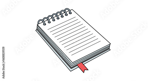 A small spiral-bound notepad with a red bookmark peeking out from the pages filled with dotted lines