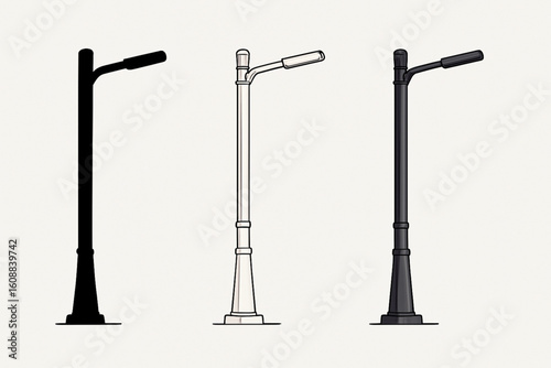 Hand-drawn illustration of three street lamps, one black silhouette, one outlined, and one dark gray with a base, on a beige background.
